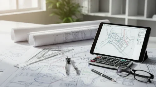 Architectural blueprints with drawing tools, calculator, glasses, and tablet displaying site plan on desk